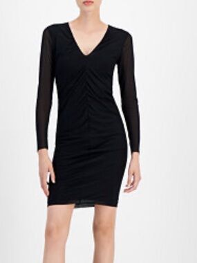 NWT BOSS Orange Women's Ebec V-Neck Ruched Long-Sleeve Mesh Dress